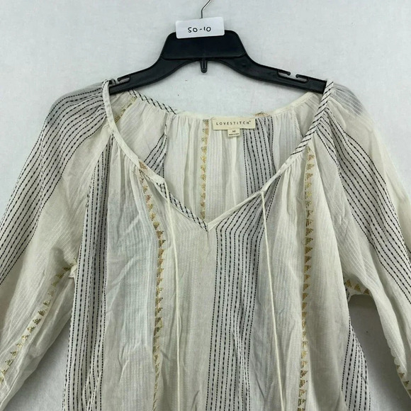 Lovestitch Blouse Women's Sz M Cream Striped Metallic Gold Puff Sleeves Tassel - Picture 8 of 12
